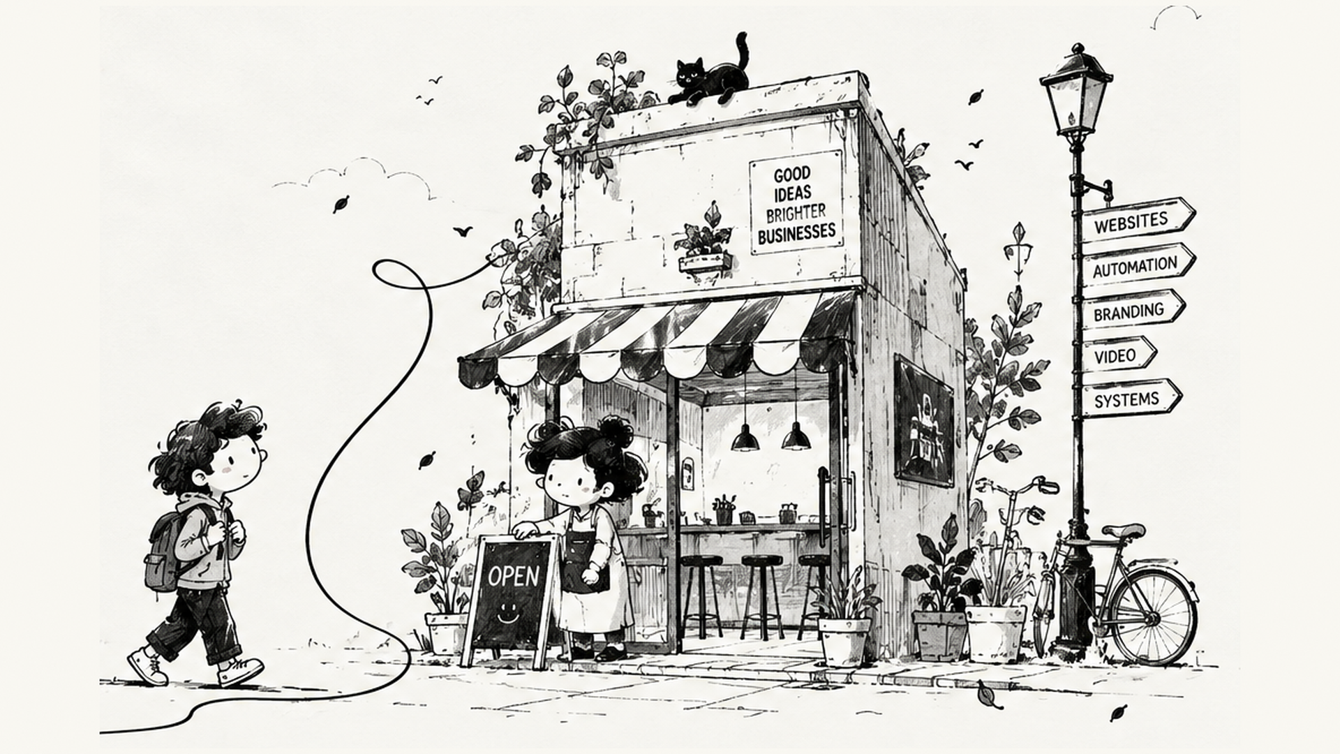 Hand-drawn neighbourhood storefront with a walking visitor, a shopkeeper, a cat, plants, and a bicycle.