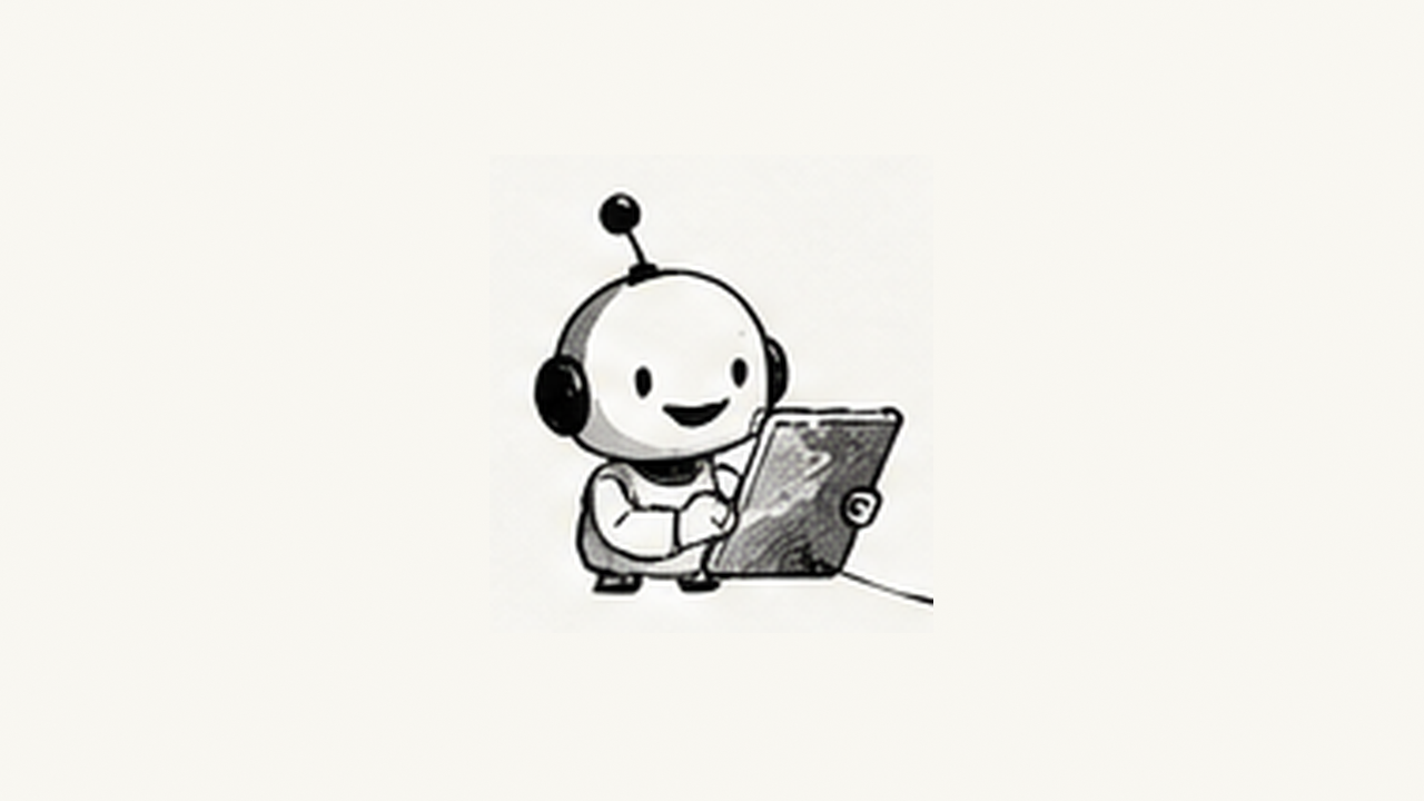 Hand-drawn little robot holding a tablet.