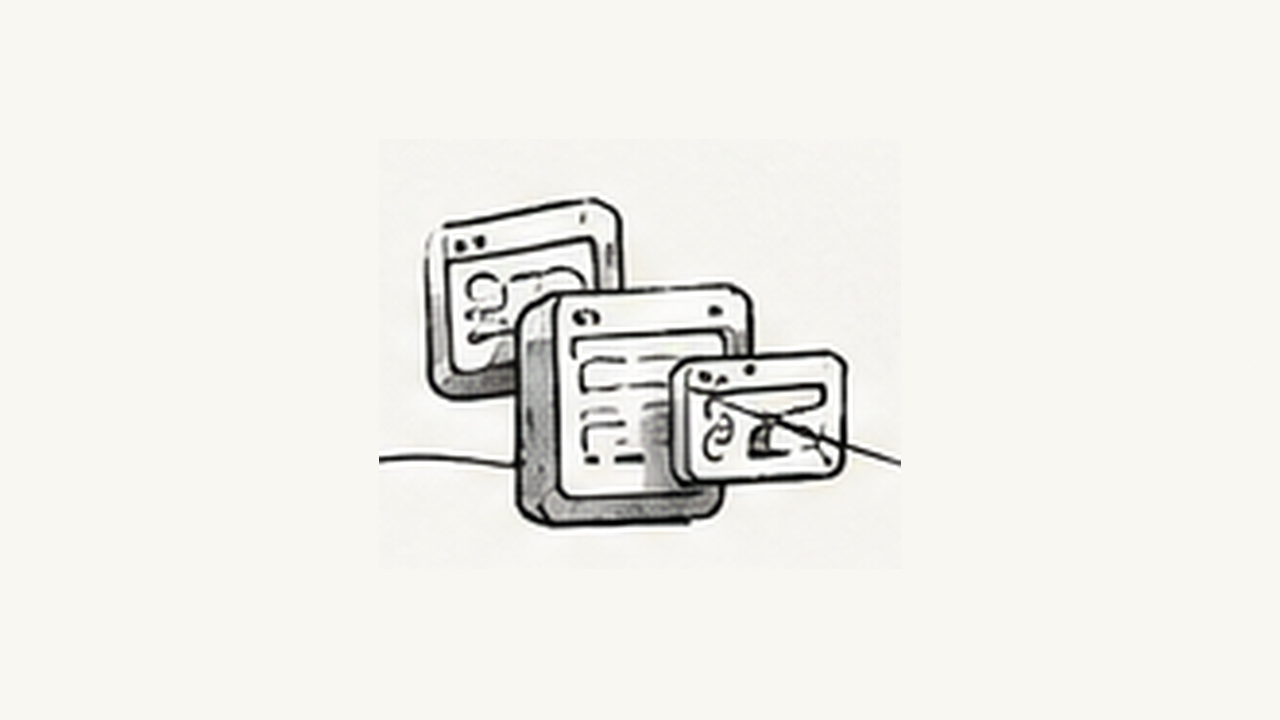 Hand-drawn connected software screens.